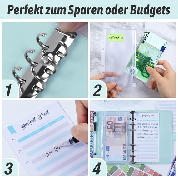 Budget Planner Deutsch Budget Binder - Bugetplaner Haushaltsbuch mit Geldfächer, Finanzplaner Geld Organizer Sparbuch mit Folien für Sparen Sparchallenge Umschlagmethode Geldplaner Cash Stuffing