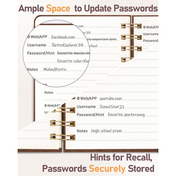 WEMATE Spiral Passwort buch mit alphabetischen Tabs, kleines Passwortbuch für Senioren, Internet-Passwort-Notizbuch Hardcover Passwort Manager Journal Logbuch A6 – 10.5 x 14.8 cm (Braun)