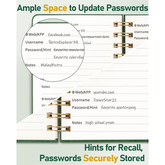 WEMATE Spiral Passwort buch mit alphabetischen Tabs, kleines Passwortbuch für Senioren, Internet-Passwort-Notizbuch Hardcover Passwort Manager Journal Logbuch A6 – 10.5 x 14.8 cm (Grasgrün)