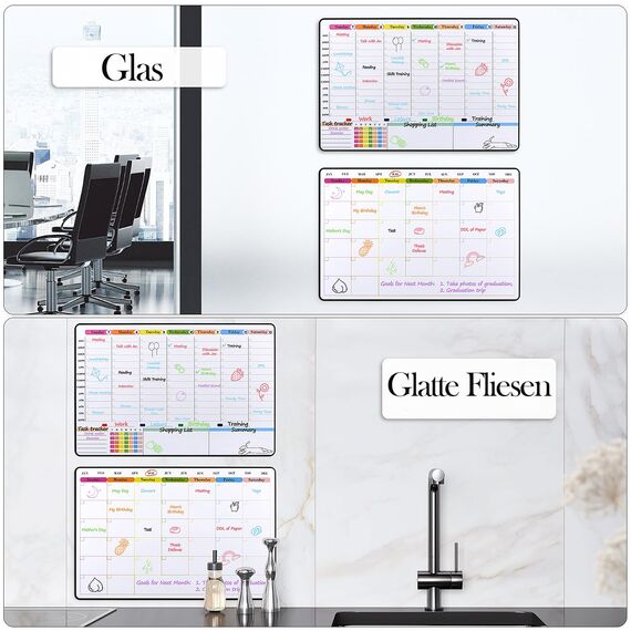 POPRUN Whiteboard Wochenplaner Monatsplaner abwischbar selbstklebend für die Wand, Glas, Holz und Kühlschrank (jede glatte Oberfläche) Familienplaner,Planungstafel,Monatskalender auf Deutsch