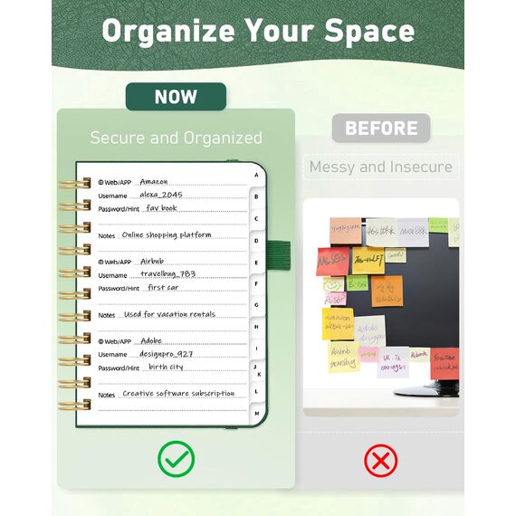 WEMATE Spiral Passwort buch mit alphabetischen Tabs, kleines Passwortbuch für Senioren, Internet-Passwort-Notizbuch Hardcover Passwort Manager Journal Logbuch A6 – 10.5 x 14.8 cm (Grasgrün)