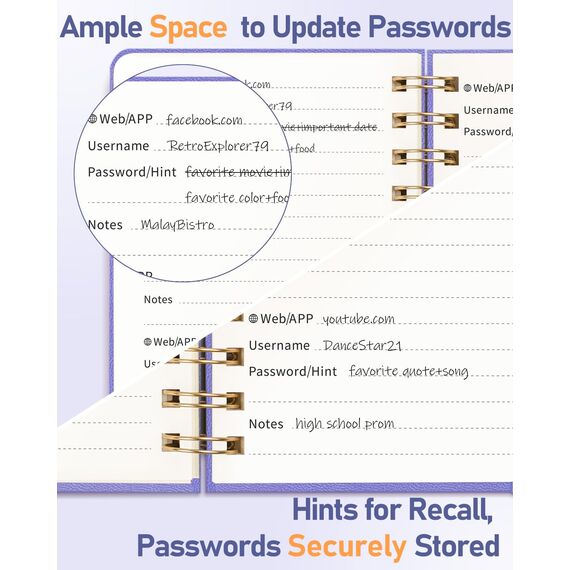 WEMATE Spiral Passwort buch mit alphabetischen Tabs, kleines Passwortbuch für Senioren, Internet-Passwort-Notizbuch Hardcover Passwort Manager Journal Logbuch A6 – 10.5 x 14.8 cm (Purpur)