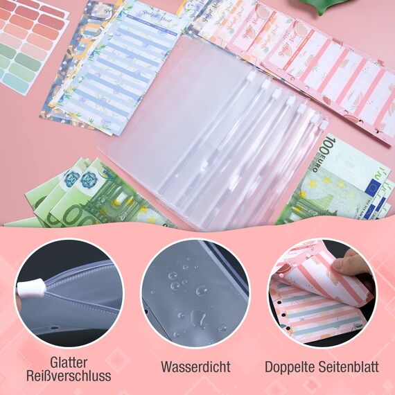 Budget Planner Deutsch, Binder - Bugetplaner Startset Finanzplaner, A6 Rosa Budget Planer Umschlagmethode, Budgetplaner Geld Sparbuch mit Folien für Geld Sparen Money Organizer Spar Challenge Buch