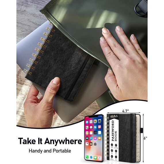 WEMATE Spiral-Passwortbuch mit alphabetischen Registerkarten, kleines Passwortbuch für Senioren, Internet-Passwort-Notizbuch, Hardcover, Passwort-Tagebuch, Logbuch, 11,9 x 15,2 cm, Schwarz