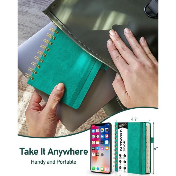 WEMATE Spiral Passwort buch mit alphabetischen Tabs, kleines Passwortbuch für Senioren, Internet-Passwort-Notizbuch Hardcover Passwort Manager Journal Logbuch A6 – 10.5 x 14.8 cm (Petrol)