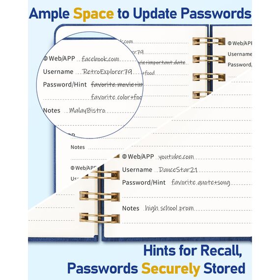 WEMATE Spiral Passwort buch mit alphabetischen Tabs, kleines Passwortbuch für Senioren, Internet-Passwort-Notizbuch Hardcover Passwort Manager Journal Logbuch A6 – 10.5 x 14.8 cm (Marineblau)
