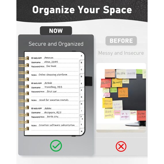 WEMATE Spiral-Passwortbuch mit alphabetischen Registerkarten, kleines Passwortbuch für Senioren, Internet-Passwort-Notizbuch, Hardcover, Passwort-Tagebuch, Logbuch, 11,9 x 15,2 cm, Schwarz