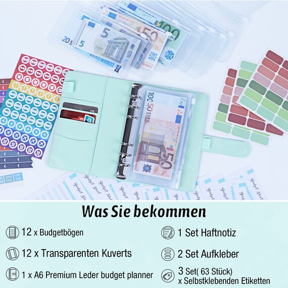 Budget Planner Deutsch Budget Binder - Bugetplaner Haushaltsbuch mit Geldfächer, Finanzplaner Geld Organizer Sparbuch mit Folien für Sparen Sparchallenge Umschlagmethode Geldplaner Cash Stuffing