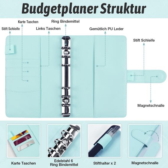 Budget Planner Deutsch Budget Binder - Bugetplaner Haushaltsbuch mit Geldfächer, Finanzplaner Geld Organizer Sparbuch mit Folien für Sparen Sparchallenge Umschlagmethode Geldplaner Cash Stuffing