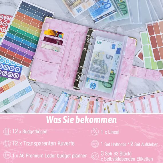 Budget Planner Budget Binder A6 - Budgetplaner Finanzplaner, Bugetplaner Umschlagmethode Haushaltsbuch mit Geldfächer, Geld Organizer Sparbuch mit Folien für Sparen, Geldplaner, Cash Stuffing