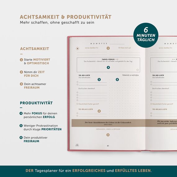 6-Minuten Tagebuch Erfolgsjournal PUR - Der #1 Tagesplaner für mehr Motivation & Erfolg - Undatiertes Journal Buch - Mit Journaling gelassener & fokussierter Ziele erreichen