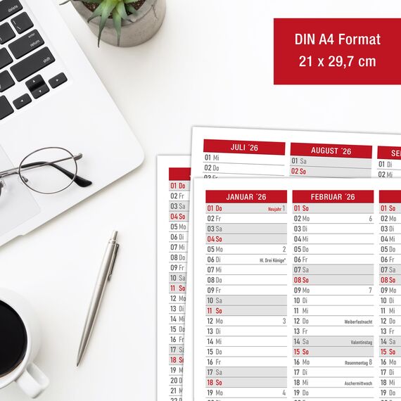Tafelkalender 2026 A4 - Kalender 2026 "Rot" mit Ferien & Feiertagen | Wandkalender, Jahreskalender 2026 DIN A4 als Jahresplaner | Blattkalender 12 Monate auf Vorder- und Rückseite (3 Stück Papier)