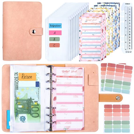 Budget Planner Deutsch, Binder - Bugetplaner Startset Finanzplaner, A6 Rosa Budget Planer Umschlagmethode, Budgetplaner Geld Sparbuch mit Folien für Geld Sparen Money Organizer Spar Challenge Buch
