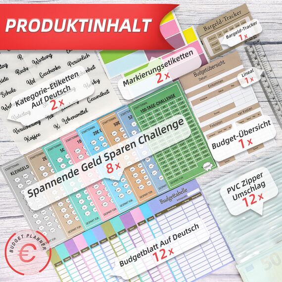 Budget Planner Deutsch Geld Sparen - Bugetplaner Startset mit 8 Sparchallenges - Finanzplaner Haushaltsbuch - Geld Organizer Sparbuch - Cash Stuffing - Budget Binder A6 - Sparen mit Umschlagmethode