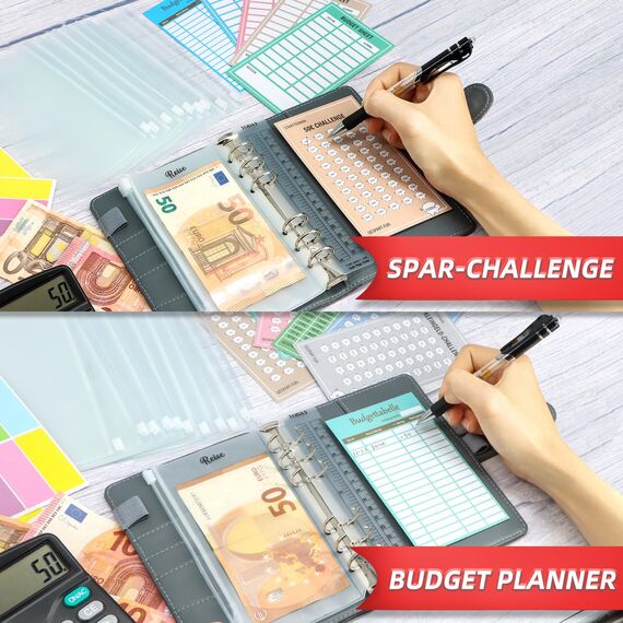 Budget Planner Deutsch - Bugetplaner Deutsch Startset mit 8 Sparchallenges - Finanzplaner Haushaltsbuch - Geld Organizer Sparbuch - Cash Stuffing - Budget Binder A6 Leder - Sparen mit Umschlagmethode
