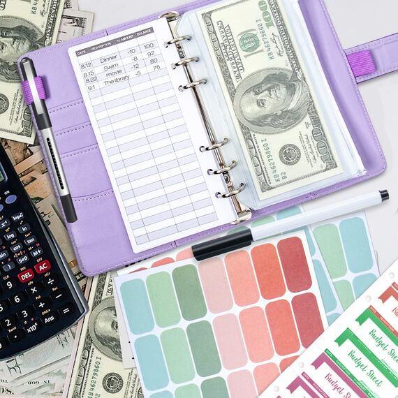 Budget Planner Budget Binder - ANYUKE A6 Budget Planner Geldumschläge Umschlagmethode, Budgetplaner Geld Organizer Sparbuch mit Folien für Finanzplaner, Geld Sparen Mappe, Cash Stuffing - Laser Lila