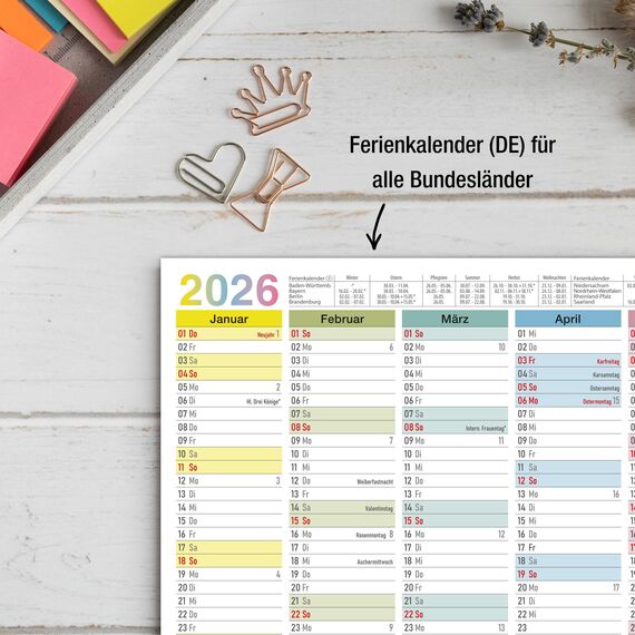 TOBJA abwischbarer Wandkalender 2026 A4 - "Bunter" Jahresplaner 2026 abwischbar, inkl. Stift. Tafelkalender 2026, Robuster Kalender A4 (abwischbar +1 Stift)