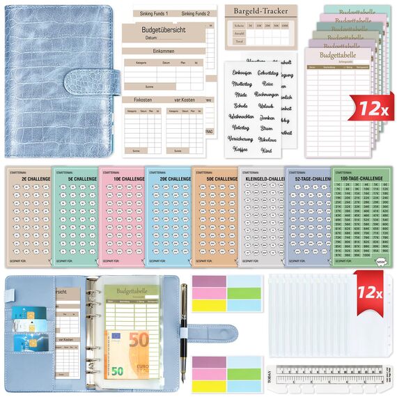 Budget Planner Deutsch - Bugetplaner Deutsch Startset mit 8 Sparchallenges - Finanzplaner Haushaltsbuch - Geld Organizer Sparbuch - Cash Stuffing - Budget Binder A6 Leder - Sparen mit Umschlagmethode