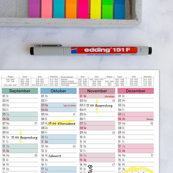 TOBJA abwischbarer Wandkalender 2026 A4 - "Bunter" Jahresplaner 2026 abwischbar, inkl. Stift. Tafelkalender 2026, Robuster Kalender A4 (abwischbar +1 Stift)