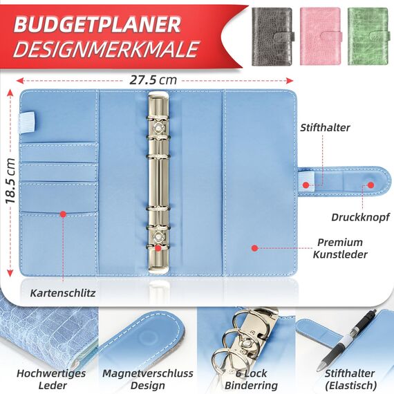 Budget Planner Deutsch - Bugetplaner Deutsch Startset mit 8 Sparchallenges - Finanzplaner Haushaltsbuch - Geld Organizer Sparbuch - Cash Stuffing - Budget Binder A6 Leder - Sparen mit Umschlagmethode