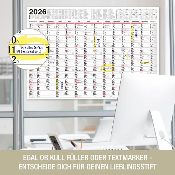 TOBJA Wandkalender 2026 groß mit Feiertagen und Ferien DE, AT | Jahresplaner 2026 Wandkalender 100x70 cm | XXL Wandkalender gefalzt | Hochwertiger Kalender [1 Stück gefalzt]