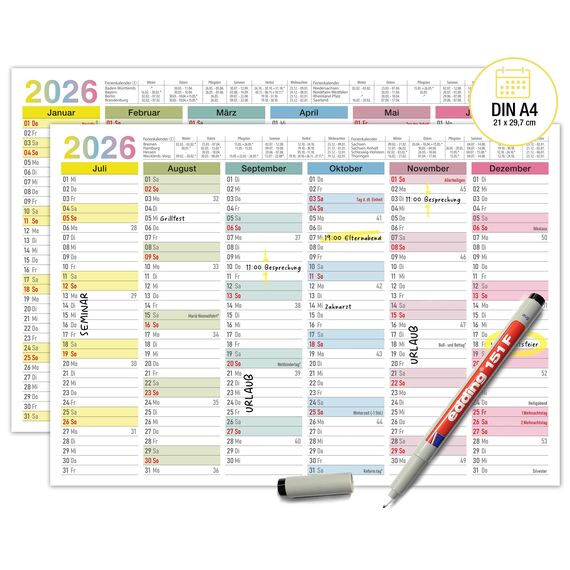 TOBJA abwischbarer Wandkalender 2026 A4 - "Bunter" Jahresplaner 2026 abwischbar, inkl. Stift. Tafelkalender 2026, Robuster Kalender A4 (abwischbar +1 Stift)