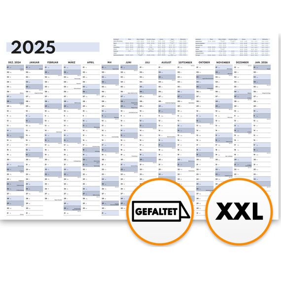 XXL Wandkalender 2025 groß (90x60cm) - Jahresplaner 2025 quer als Kalender für die Wand - Jahreskalender für 14 Monate mit Ferienübersicht - Kalender gefalzt für das Büro