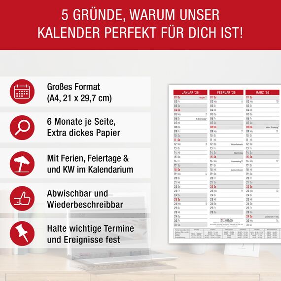 TOBJA abwischbarer Wandkalender 2026 A4 - "Rot" Jahresplaner 2026 abwischbar, inkl. Stift. Tafelkalender 2026, Robuster Kalender A4