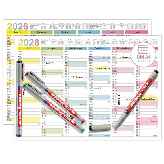TOBJA abwischbarer Wandkalender 2026 A4 - "Bunter" Jahresplaner 2026 abwischbar, inkl. 4 Stifte. Tafelkalender 2026, Robuster Kalender A4 (abwischbar +4 Stifte)