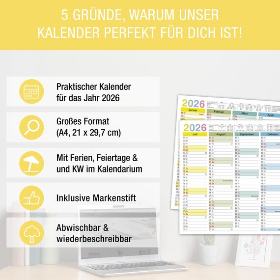 TOBJA abwischbarer Wandkalender 2026 A4 - "Bunter" Jahresplaner 2026 abwischbar, inkl. Stift. Tafelkalender 2026, Robuster Kalender A4 (abwischbar +1 Stift)