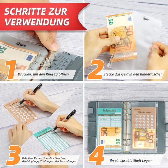 Budget Planner Deutsch - Bugetplaner Deutsch Startset mit 8 Sparchallenges - Finanzplaner Haushaltsbuch - Geld Organizer Sparbuch - Cash Stuffing - Budget Binder A6 Leder - Sparen mit Umschlagmethode
