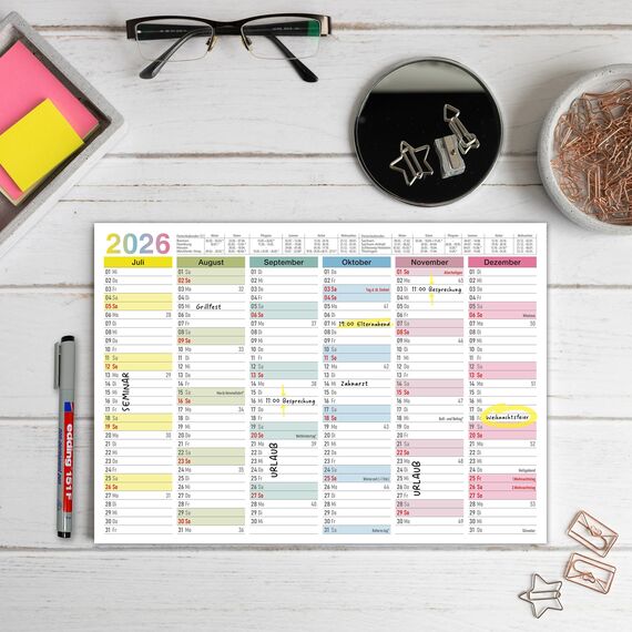 TOBJA abwischbarer Wandkalender 2026 A4 - "Bunter" Jahresplaner 2026 abwischbar, inkl. Stift. Tafelkalender 2026, Robuster Kalender A4 (abwischbar +1 Stift)