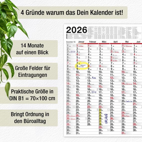 TOBJA Wandkalender 2026 groß mit Feiertagen und Ferien DE, AT | Jahresplaner 2026 Wandkalender 100x70 cm | XXL Wandkalender gefalzt | Hochwertiger Kalender [1 Stück gefalzt]