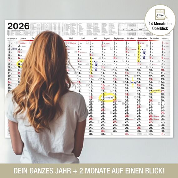 TOBJA Wandkalender 2026 groß mit Feiertagen und Ferien DE, AT | Jahresplaner 2026 Wandkalender 100x70 cm | XXL Wandkalender gefalzt | Hochwertiger Kalender [1 Stück gefalzt]