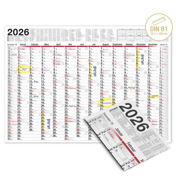 TOBJA Wandkalender 2026 groß mit Feiertagen und Ferien DE, AT | Jahresplaner 2026 Wandkalender 100x70 cm | XXL Wandkalender gefalzt | Hochwertiger Kalender [1 Stück gefalzt]