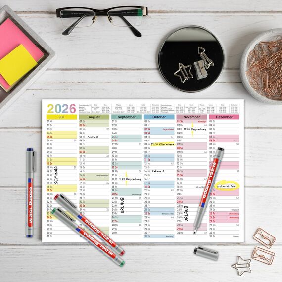 TOBJA abwischbarer Wandkalender 2026 A4 - "Bunter" Jahresplaner 2026 abwischbar, inkl. 4 Stifte. Tafelkalender 2026, Robuster Kalender A4 (abwischbar +4 Stifte)