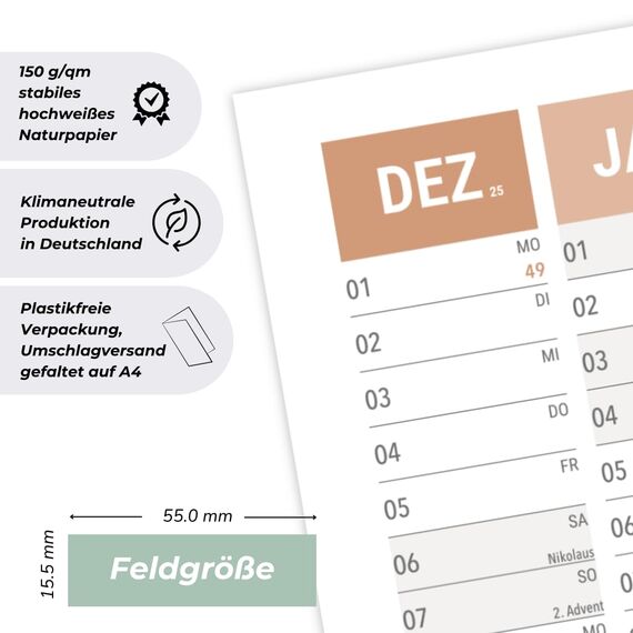 heaven+paper® Wandkalender 2026 | Jahresplaner 2026 A1 | Jahreskalender 26 aus FSC zertifiziertem Naturpapier | 12 Monate mit Feiertagen | Calendar made in Germany | XXL Wandkalender | Wandplaner
