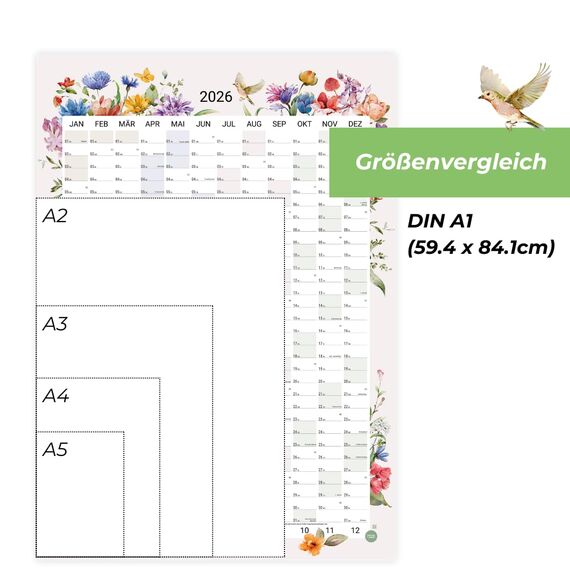 heaven+paper® Wandkalender 2026 | Jahresplaner 2026 A1 | Jahreskalender 2026 aus FSC zertifizierten Naturpapier | 12 Monate mit Feiertagen | Familienplaner 2026 Blumen | Made in Germany