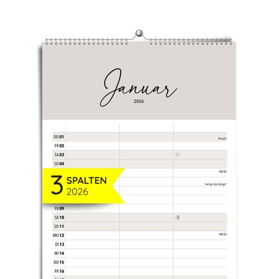 heaven+paper Paarplaner 3 Spalten Cozy Boho schlicht - Kalender für zwei 2026 mit Feiertagen, Schulferien, Mond - Wandkalender 2026 Familienkalender (42x21cm) (Cozy, 3 Spalten)
