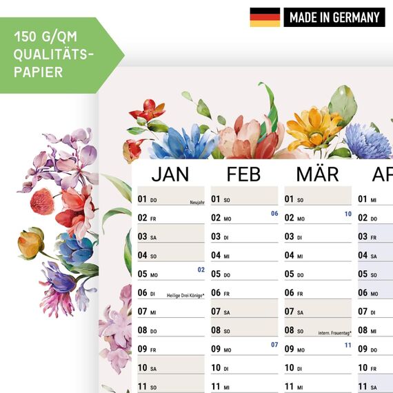 heaven+paper Jahresplaner 2026 A1 Wandkalender 2026 gefaltet | großer Kalender mit großen Feldern & Wildblumen-Illustrationen | Wandplaner mit Feiertagen, Kalenderwochen | modern für Familie, Büro