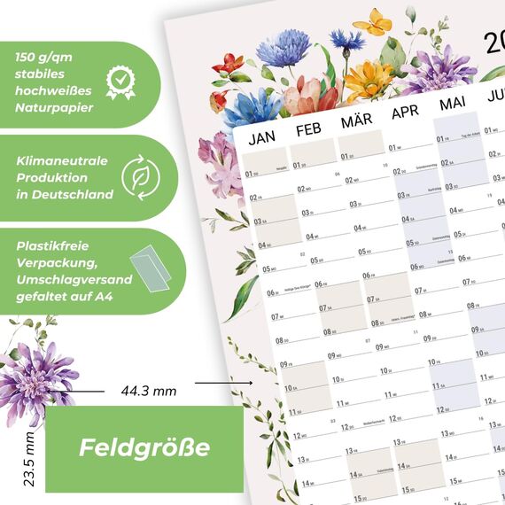 heaven+paper® Wandkalender 2026 | Jahresplaner 2026 A1 | Jahreskalender 2026 aus FSC zertifizierten Naturpapier | 12 Monate mit Feiertagen | Familienplaner 2026 Blumen | Made in Germany