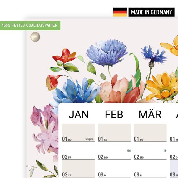 heaven+paper® Wandkalender 2026 | Jahresplaner 2026 A1 | Jahreskalender 2026 aus FSC zertifizierten Naturpapier | 12 Monate mit Feiertagen | Familienplaner 2026 Blumen | Made in Germany