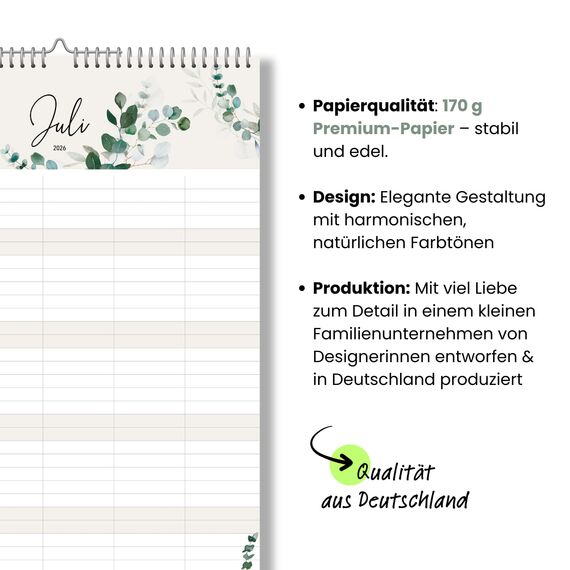 heaven+paper® Familienplaner 2026 | Wandkalender 2026 A3 | Planer 2026 mit 5 Spalten | Made in Germany | Kalender 2026 Familienplaner mit 12 Seiten | Jahresplaner 2026 mit Feiertagen und Schulferien
