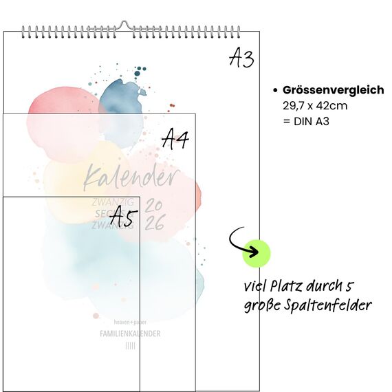 heaven+paper Kalender 2026 Wandkalender 5 Spalten – Familienkalender im Kunstdesign, Kalender 2026 für fünf zum aufhängen mit Aquarell – Made in Germany