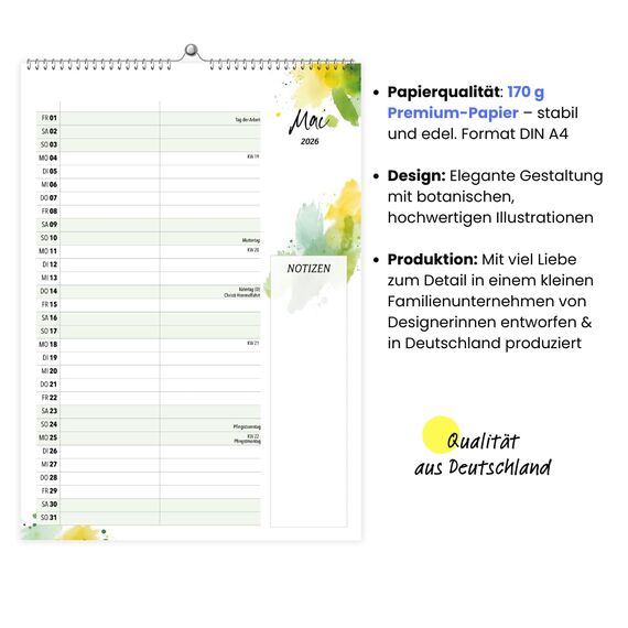 heaven+paper Paarplaner 2 Spalten Aquarell Kunstkalender - Kalender für einen oder zwei 2026 mit Feiertagen, Schulferien - Wandkalender 2026 (Happy Splash, 2 Spalten)