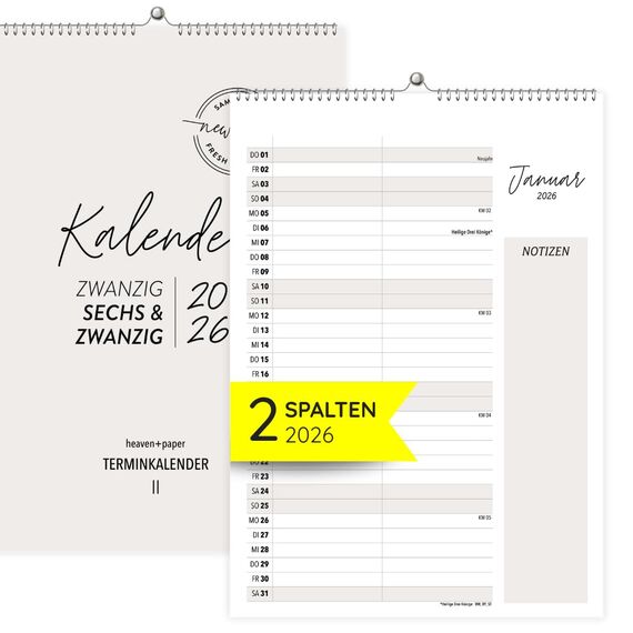 heaven+paper Paarplaner 2 Spalten Minimalistisches Design A4 - Kalender für zwei 2026 mit Feiertagen, Schulferien, Mond - Wandkalender Familienkalender (Cozy, 2 Spalten)