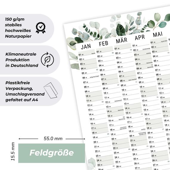 heaven+paper® Wandkalender 2026 | Jahresplaner 2026 A1 | Jahreskalender 26 aus FSC zertifizierten Naturpapier | 12 Monate mit Feiertagen | Calendar made in Germany | XXL Wandkalender | Wandplaner