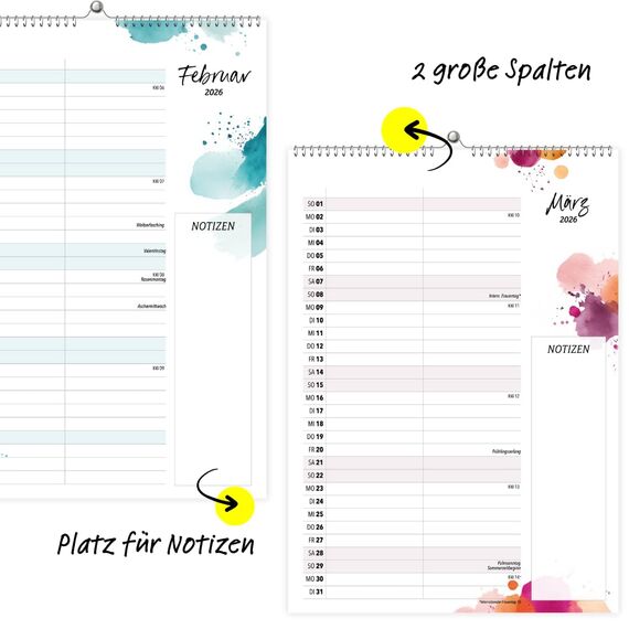heaven+paper Paarplaner 2 Spalten Aquarell Kunstkalender - Kalender für einen oder zwei 2026 mit Feiertagen, Schulferien - Wandkalender 2026 (Happy Splash, 2 Spalten)