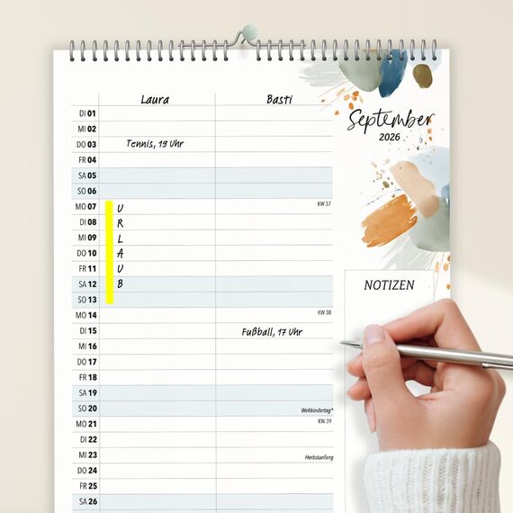 heaven+paper Paarplaner 2 Spalten Aquarell Kunstkalender - Kalender für einen oder zwei 2026 mit Feiertagen, Schulferien - Wandkalender 2026 (Happy Splash, 2 Spalten)