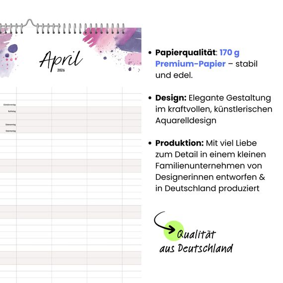 heaven+paper Kalender 2026 Wandkalender 5 Spalten – Familienkalender im Kunstdesign, Kalender 2026 für fünf zum aufhängen mit Aquarell – Made in Germany